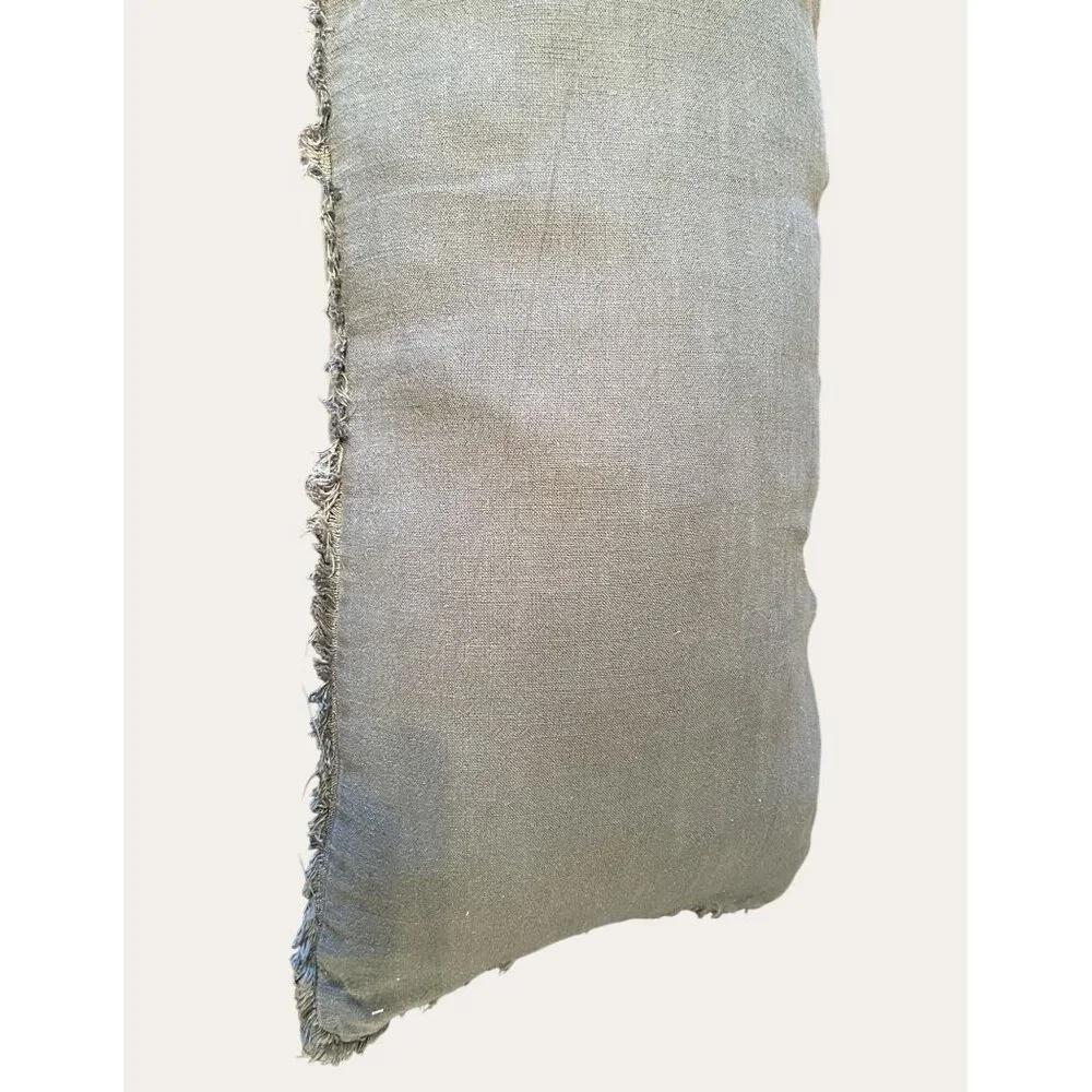 Lumbar Pillow With Fringe Trim Soft Grey Rayon Linen Blend Decorative Accent
